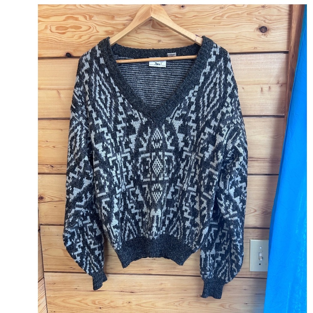 Nino‎ Foriero Vintage V-Neck Geometric Knit Sweater Charcoal Grey White P/S